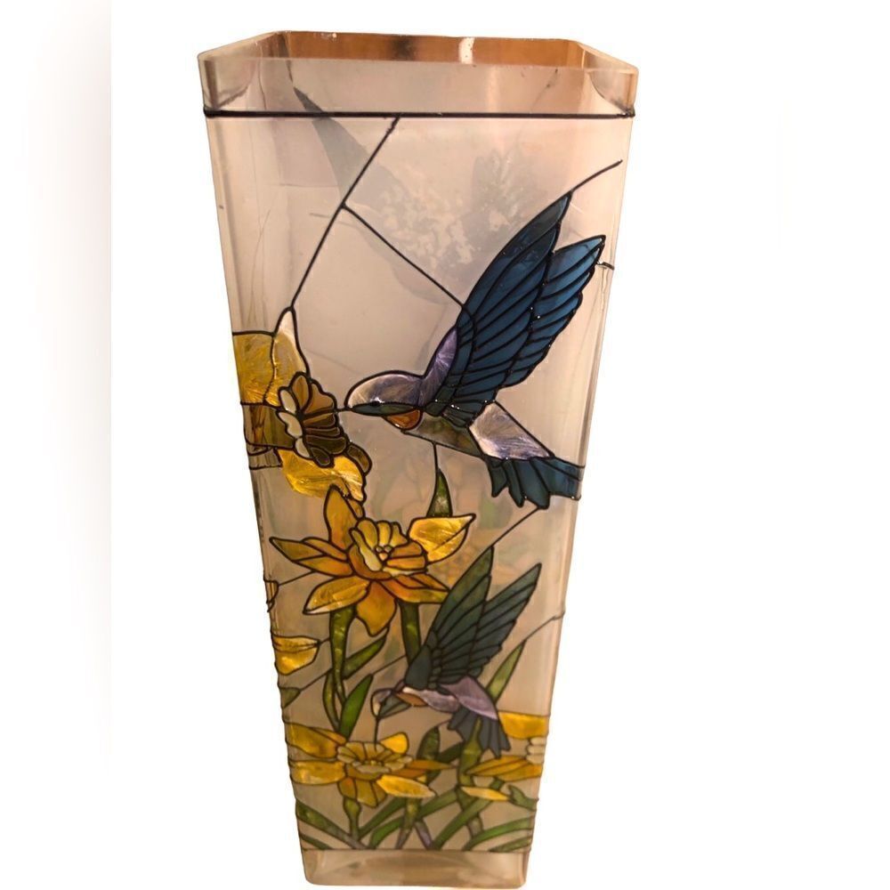 Vintage Joan Baker Designs Daffodil Hummingbird Hand Painted Vase Stain Glass